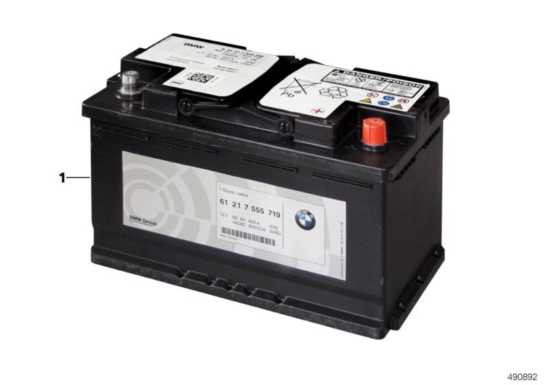 Picture board Original BMW battery for the BMW X Series models  Original BMW spare parts from the electronic parts catalog (ETK) for BMW motor vehicles (car)   Original BMW AGM-battery