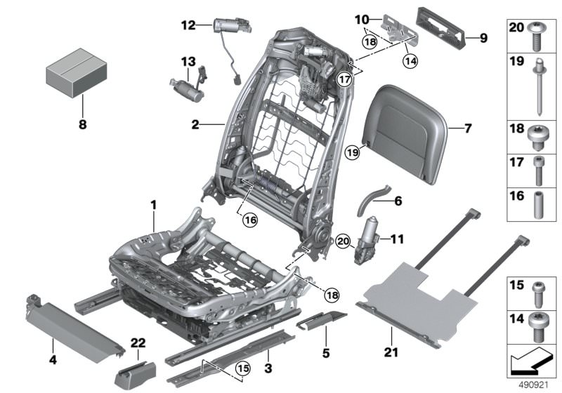 Picture board Front seat´´Captains Chair´´ for the BMW 7 Series models  Original BMW spare parts from the electronic parts catalog (ETK) for BMW motor vehicles (car)   Backrest frame´´Captains Chair´´, Blind rivet, Bracket, rear compartment monitor, Count