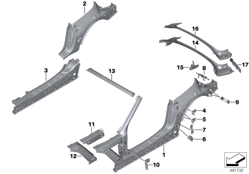 Picture board Side frame for the BMW Z Series models  Original BMW spare parts from the electronic parts catalog (ETK) for BMW motor vehicles (car)   Bracket B-pillar side panel bottom right, Bracket side panel A-pillar centre right, Bracket side panel B-