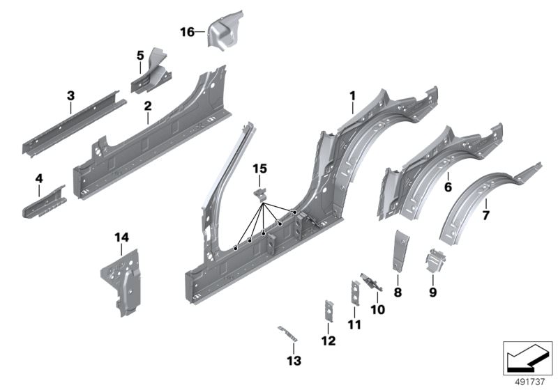 Picture board Side frame, inner for the BMW Z Series models  Original BMW spare parts from the electronic parts catalog (ETK) for BMW motor vehicles (car)   Bracket entrance clamp, Bulkhead jacking point right, Bulkhead side member centre right, Cover fue