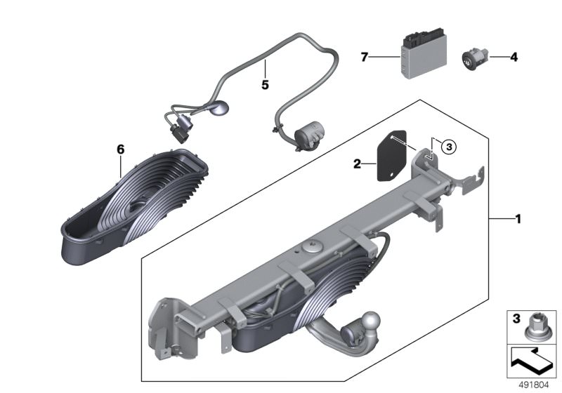 Picture board Trailer tow hitch, electrically pivoted for the BMW 6 Series models  Original BMW spare parts from the electronic parts catalog (ETK) for BMW motor vehicles (car)   Control unit, trailer tow hitch, Gaiter with frame, Gasket, Hex nut, Repair 