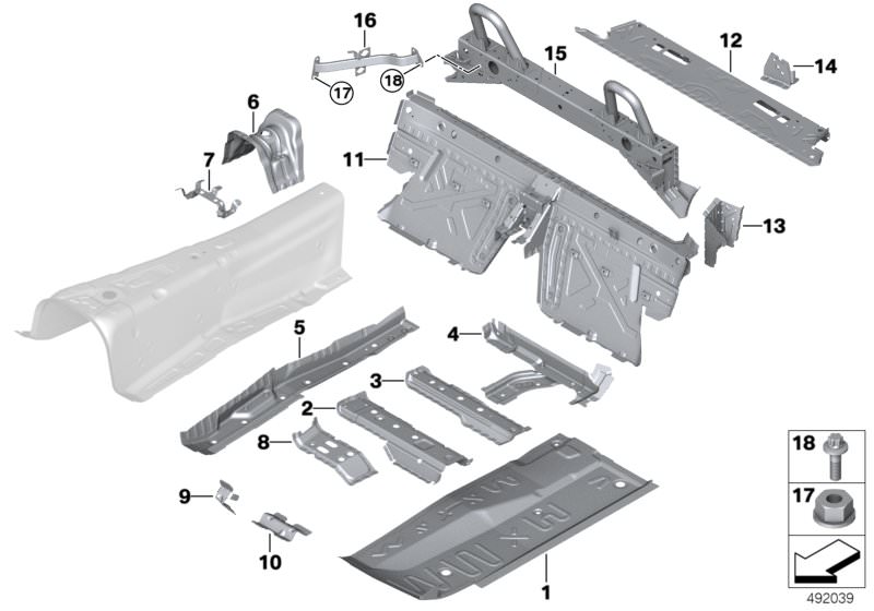 Picture board Partition trunk/Floor parts for the BMW Z Series models  Original BMW spare parts from the electronic parts catalog (ETK) for BMW motor vehicles (car)   Bracket f shifting arm bearing, Bracket for propel. shaft centre bearing, C-pillar suppo