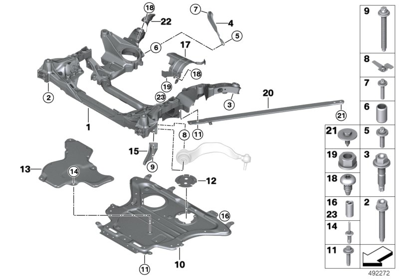 Picture board Front axle support, 4-wheel for the BMW 8ˋ series  Original BMW spare parts from the electronic parts catalog (ETK) for BMW motor vehicles (car)   ASA screw with washer, Blind rivet, Clip nut, right, Cover, stiffening plate, Front axle suppo