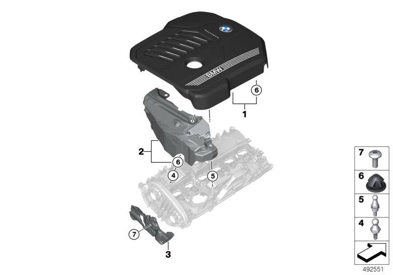 Picture board Engine acoustics for the BMW 8ˋ series  Original BMW spare parts from the electronic parts catalog (ETK) for BMW motor vehicles (car)   Acoustic cover rear, Ball pin, Bump stop, Engine cover, Fillister head screw, Retaining pin
