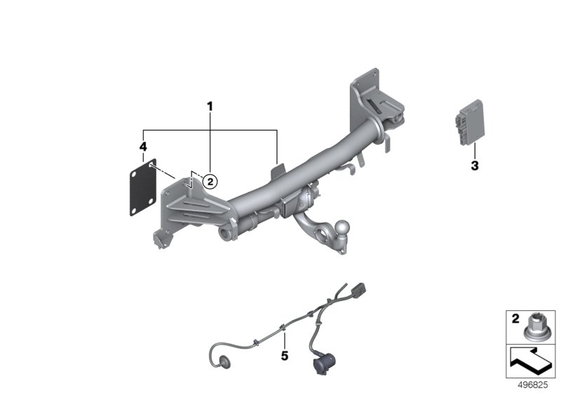 Picture board Trailer tow hitch, electrically pivoted for the BMW X Series models  Original BMW spare parts from the electronic parts catalog (ETK) for BMW motor vehicles (car)   Control unit, trailer tow hitch, Gasket, Hex nut, Repair kit, power socket, 