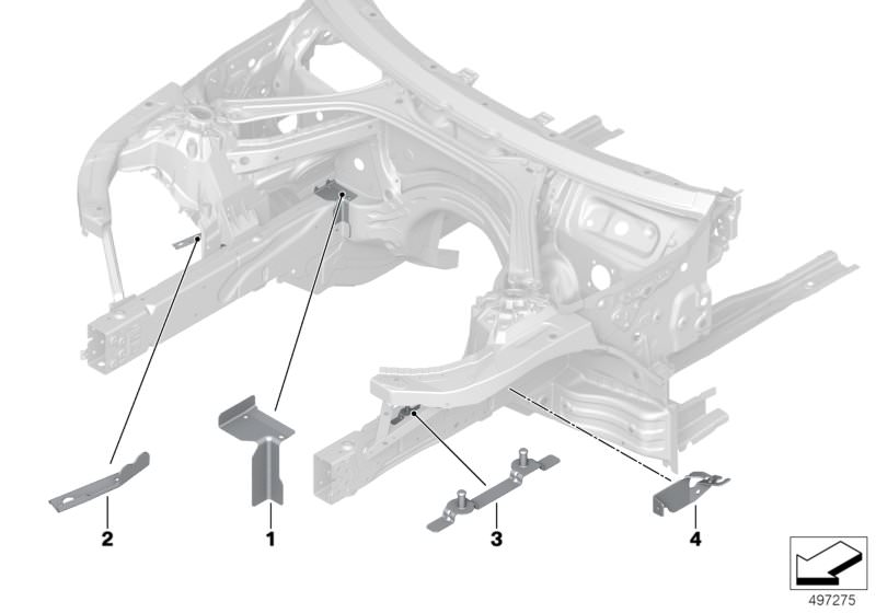 Illustration du Support pour chassis avant pour les BMW 3 Série Modèles  Pièces de rechange d'origine BMW du catalogue de pièces électroniques (ETK) pour véhicules automobiles BMW (voiture)   Bracket RDS right, Bracket, DSC, Holder, brake hose, left, Rein