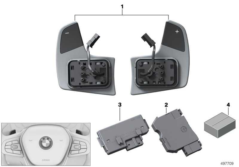 Picture board Steering wheel module and shift paddles for the BMW 3 Series models  Original BMW spare parts from the electronic parts catalog (ETK) for BMW motor vehicles (car)   Control unit, touch detection, Set of screws, Set, shift paddles, Steering w
