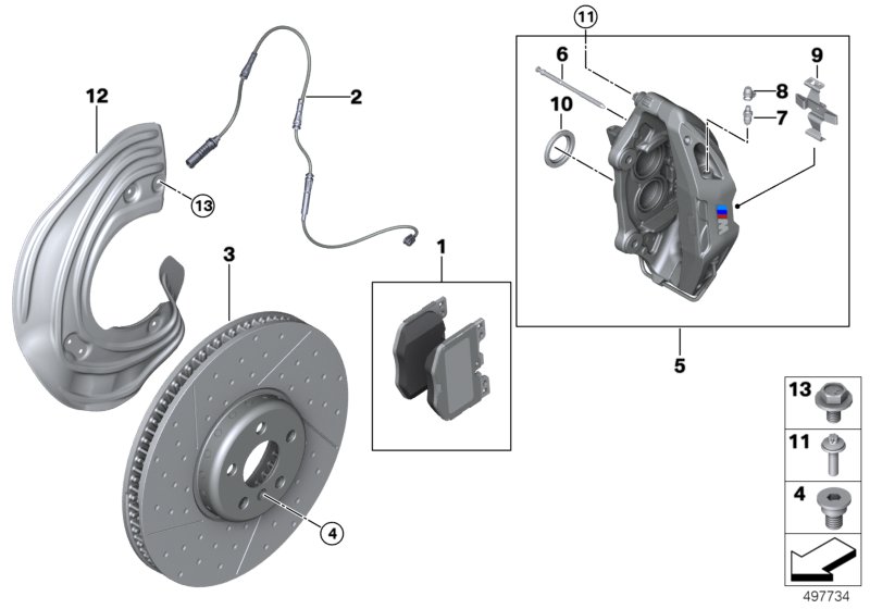 Picture board M Performance front wheel brake - repl. for the BMW 3 Series models  Original BMW spare parts from the electronic parts catalog (ETK) for BMW motor vehicles (car)   Bleeder valve, Brake caliper housing, red, right, Brake disc ventil.w.punche