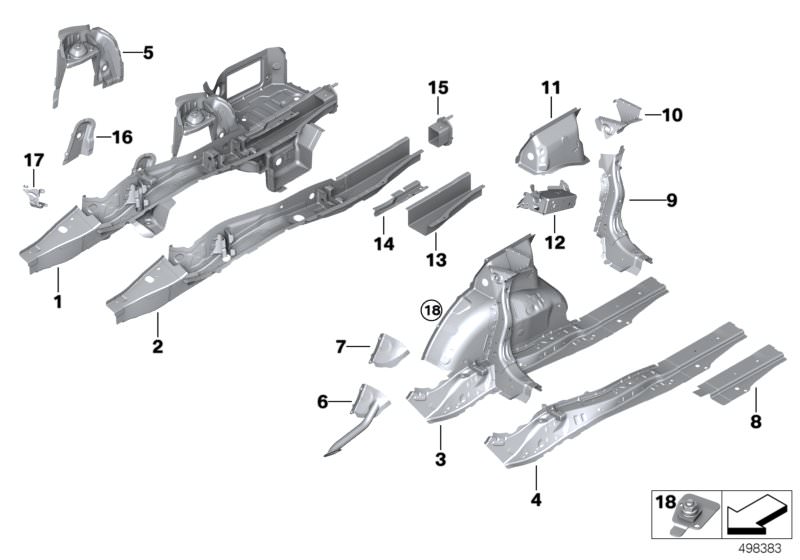 Picture board Rear wheelhouse/floor parts for the BMW 3 Series models  Original BMW spare parts from the electronic parts catalog (ETK) for BMW motor vehicles (car)   Bracket, trunk partition right, Extension, side member, bottom right, Extension, side me