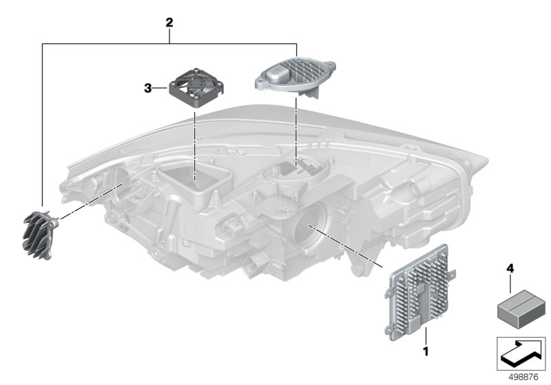 Bildtafel Einzelteile Scheinwerfer Elektronik für die BMW 1er Modelle  Original BMW Ersatzteile aus dem elektronischen Teilekatalog (ETK) für BMW Kraftfahrzeuge( Auto)    LED Lüfter, Satz LED Module rechts, Satz Schrauben, Steuergerät Frontlichtelektronik