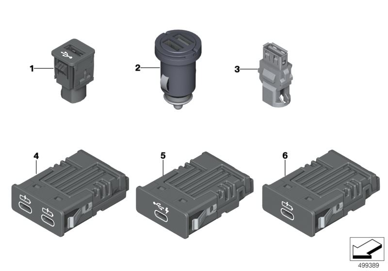 Illustration du Prise USB pour les BMW X Série Modèles  Pièces de rechange d'origine BMW du catalogue de pièces électroniques (ETK) pour véhicules automobiles BMW (voiture)   Dual USB charger for type A, USB adapter, USB bush dual, USB socket