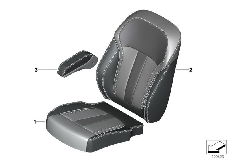 Picture board Individual cover rear comfort seat for the BMW X Series models  Original BMW spare parts from the electronic parts catalog (ETK) for BMW motor vehicles (car)   Armrest leather right, Cover for comfort backrest,leather left, Cover for comfort