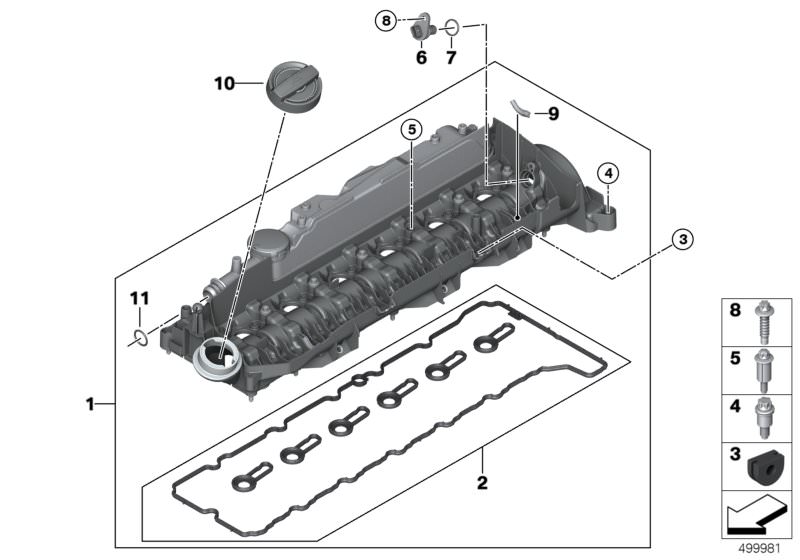 Picture board Cylinder head cover/Mounting parts for the BMW 7 Series models  Original BMW spare parts from the electronic parts catalog (ETK) for BMW motor vehicles (car)   ASA-Bolt, Camshaft sensor, Cylinder head cover, Decoupling element, Gasket set, c