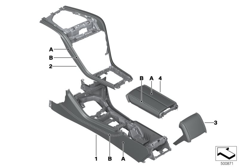 Picture board Individual option centre console leather for the BMW 8ˋ series  Original BMW spare parts from the electronic parts catalog (ETK) for BMW motor vehicles (car)   Armrest,centre console, leather, Carrier, trims, centre console, Centre console, 