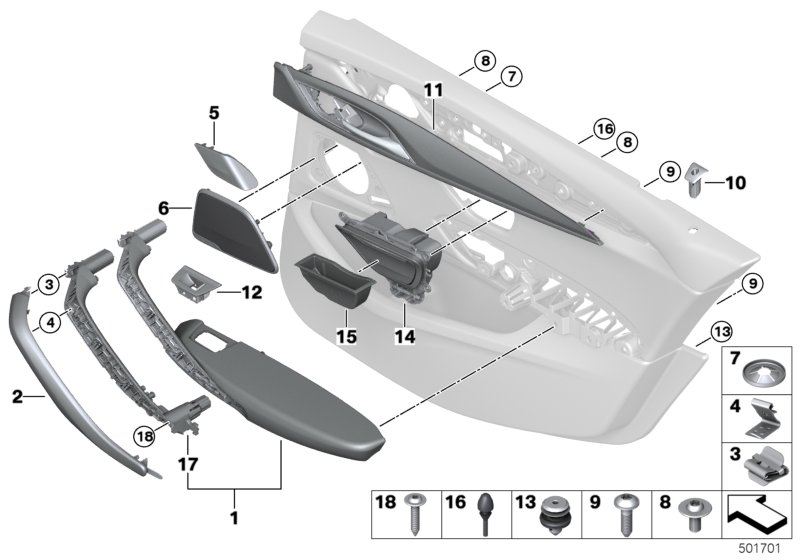 Picture board Mounting parts, door trim, rear for the BMW 5 Series models  Original BMW spare parts from the electronic parts catalog (ETK) for BMW motor vehicles (car)   Armrest, rear left, Carrier, door pull, right, Clamp, Clip, Cover f right loudspeake