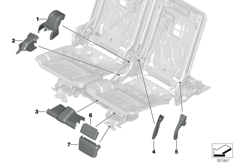 Picture board Seat, rear, trims, 3rd row for the BMW X Series models  Original BMW spare parts from the electronic parts catalog (ETK) for BMW motor vehicles (car)   Covering front, Covering front right, Covering inner right, Covering outer left, Covering