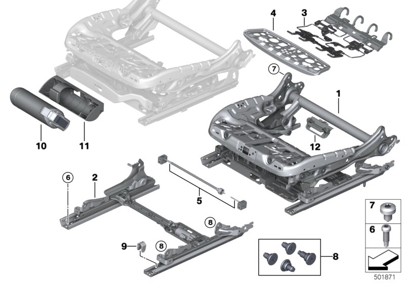 Picture board Seat, front, seat frame for the BMW 7 Series models  Original BMW spare parts from the electronic parts catalog (ETK) for BMW motor vehicles (car)   Carrier thigh support, Countersunk screw, Fillister head screw, Fire extinguisher, Holder, f