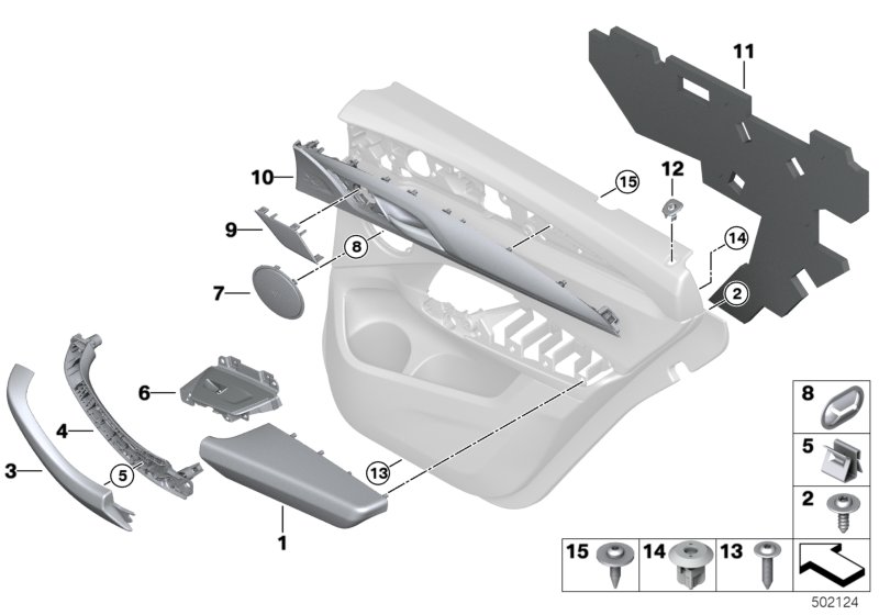 Picture board Mounting parts, door trim, rear for the BMW X Series models  Original BMW spare parts from the electronic parts catalog (ETK) for BMW motor vehicles (car)   Acoustic fleece, rear right, Armrest, left, Carrier, door pull, right, Clamp, Cover,