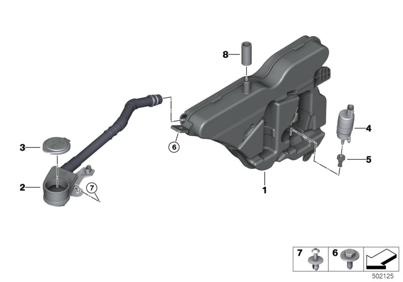 Picture board Sep.components f.washer fluid reservoir for the BMW 3 Series models  Original BMW spare parts from the electronic parts catalog (ETK) for BMW motor vehicles (car)   Cover f filler pipe, Expanding rivet, Filler pipe, Hose connection, Self-loc
