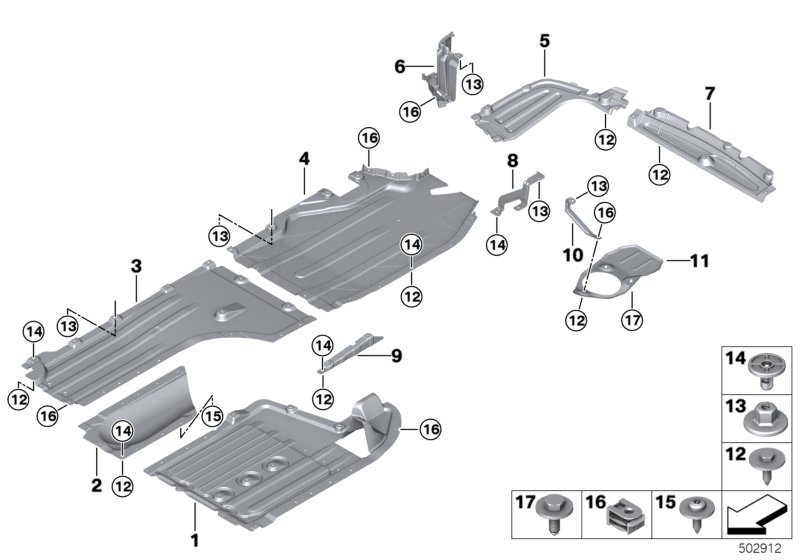 Picture board Underfloor coating for the BMW X Series models  Original BMW spare parts from the electronic parts catalog (ETK) for BMW motor vehicles (car)   Bracket underbody panelling tank right, Bracket underfloor panelling lateral, C-clip plastic nut,
