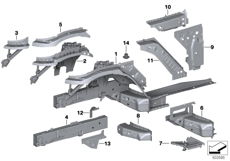 Picture board Wheelhouse/engine support for the BMW Z Series models  Original BMW spare parts from the electronic parts catalog (ETK) for BMW motor vehicles (car)   Carr.supp. w/o VIN, wheel arch fr. right, Connection, side frame, right, Connector, side f
