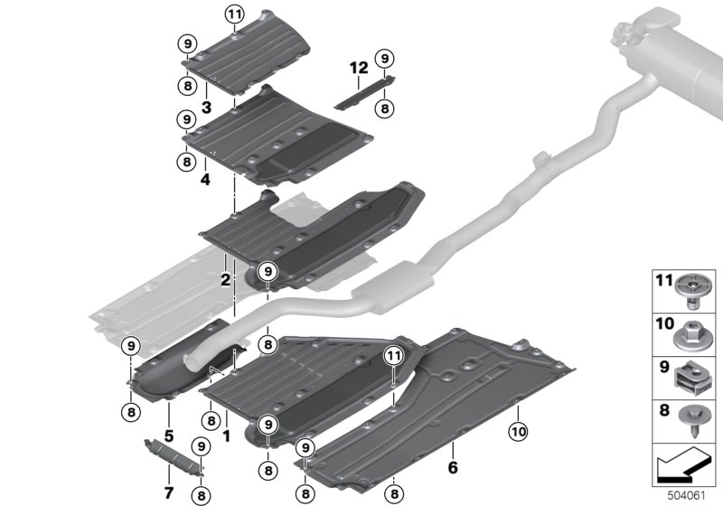 Picture board Underfloor coating for the BMW 5 Series models  Original BMW spare parts from the electronic parts catalog (ETK) for BMW motor vehicles (car)   Bracket, underbody panelling,middle left, C-clip plastic nut, Expanding nut, Hex Bolt, Plastic ca