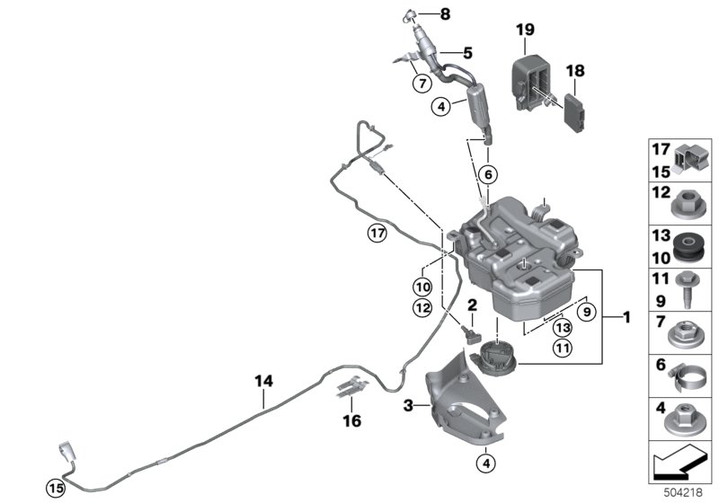 Picture board SCR system for the BMW 1 Series models  Original BMW spare parts from the electronic parts catalog (ETK) for BMW motor vehicles (car)   Bracket, control unit, Clip, Clip, pipe, Connector, Control unit SCR, Cover lid, Decoupling element, Fill