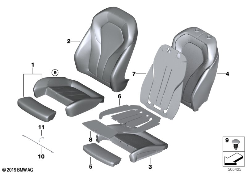 Picture board Seat, front, cushion &cover, sports seat for the BMW 5 Series models  Original BMW spare parts from the electronic parts catalog (ETK) for BMW motor vehicles (car)   Clamp, Foam pad sport backrest right, Foam part, sports seat, Foam part, th