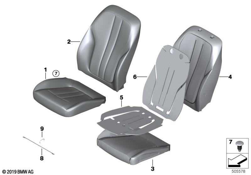 Picture board Seat, front, cushion, & cover,basic seat for the BMW 5 Series models  Original BMW spare parts from the electronic parts catalog (ETK) for BMW motor vehicles (car)   Clamp, Cover, basic backrest, leather, left, Foam pad basic backrest right,