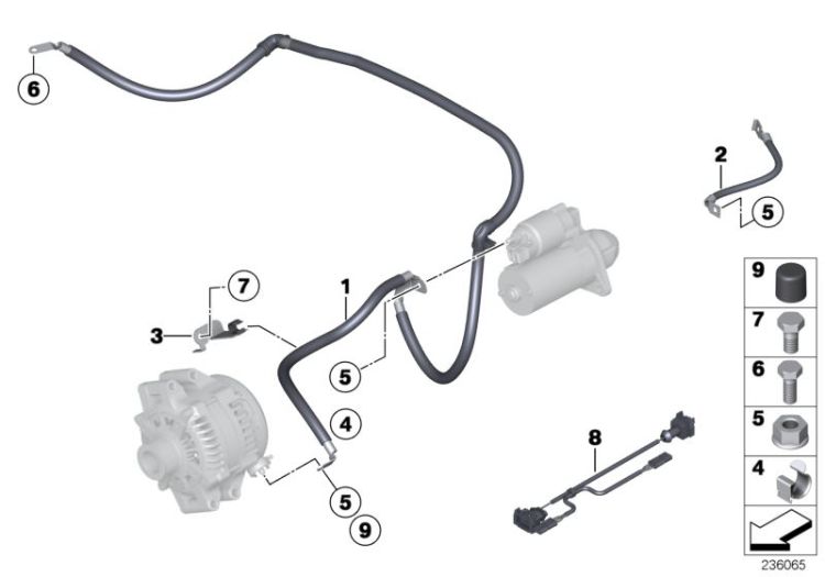 Cable alternator-starter-base B+, Number 01 in the illustration