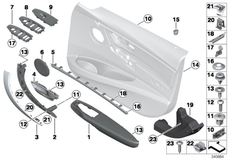 Product number 51418057388 Armrest leather front right Vehicle trim Door trim panels lateral trim panels 51410000000 >340684<, Reposabrazos cuero delante der.