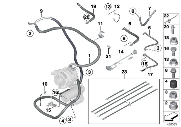 Câble d`alternateur-démarreur - point b+, numéro 01 dans l'illustration