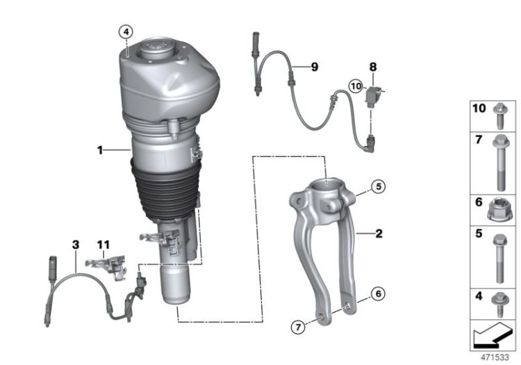 Air spring strut, front right, Number 01 in the illustration
