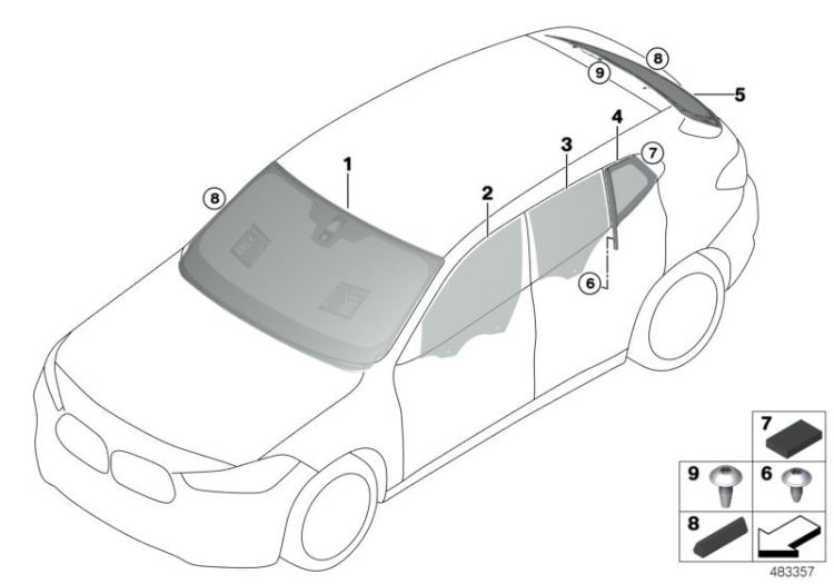 Side window, fixed, door, rear left, Number 04 in the illustration