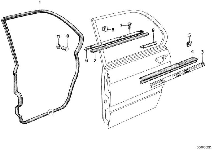 51221864675 DOOR WEATHERSTRIP INNER Bodywork Door rear BMW 5er E34 51221847039 E12 E28 >5322<, Junta p.caja d.ventan.inter.