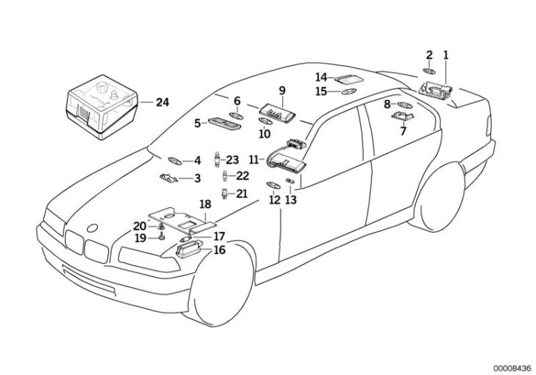 Right rear inter.light and reading light, Number 14 in the illustration
