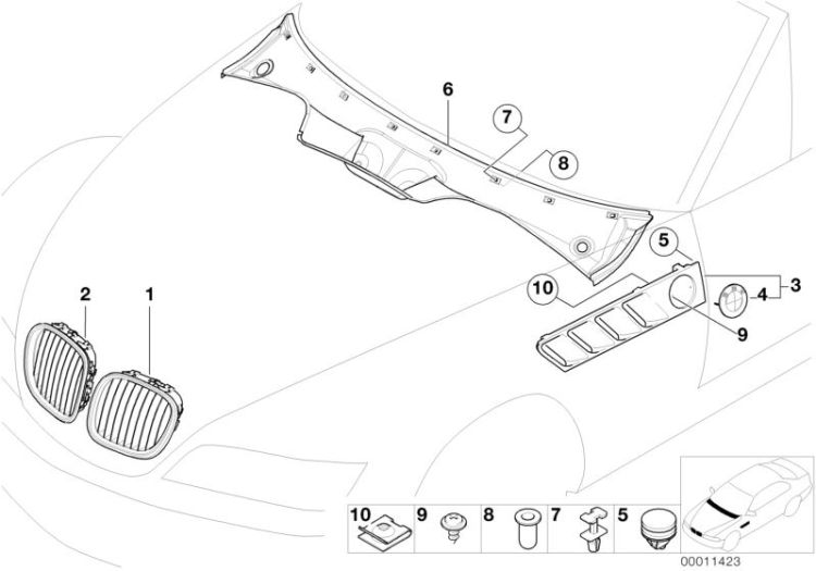 Grille, right, primed, chrome insert, Number 03 in the illustration