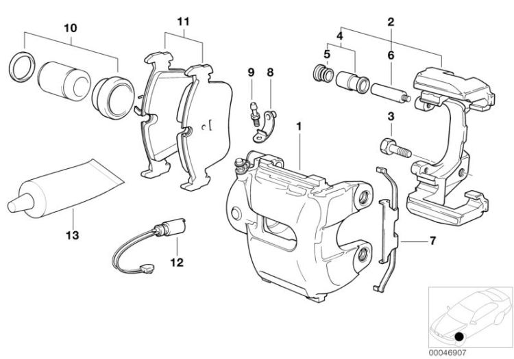 Front wheel brake, brake pad sensor ->