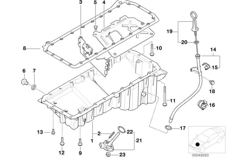 Oil pan/oil level indicator ->