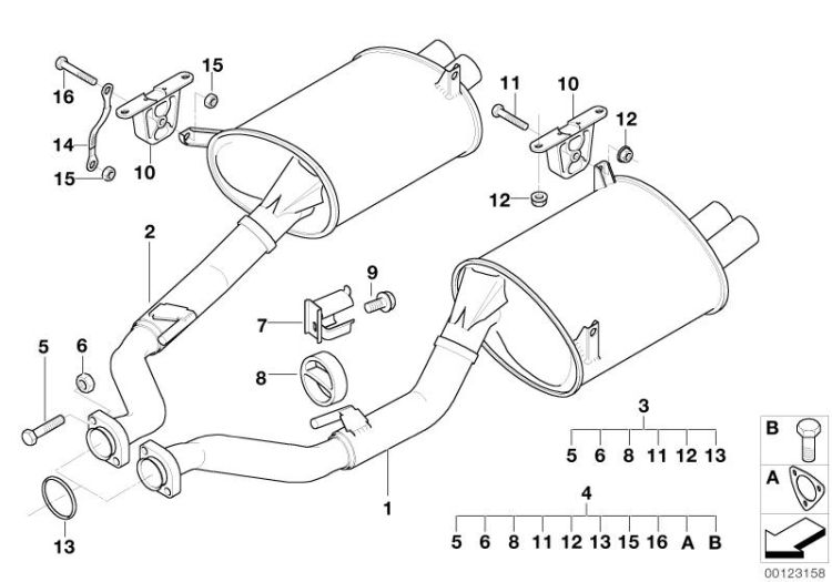 18210151442 Set of add on parts silencer Exhaust system Exhaust system rear BMW Z8 Roadster E52 Z3 >123158<, Serie elementi appl. marmitta