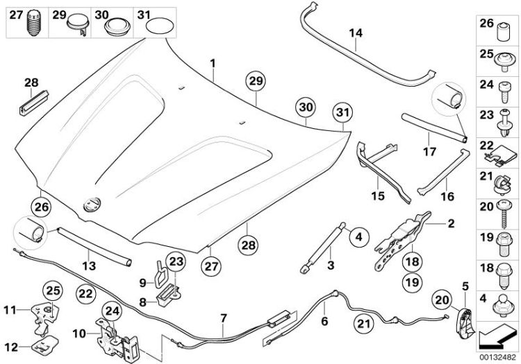 Bowden cable, hood mechanism, Number 06 in the illustration