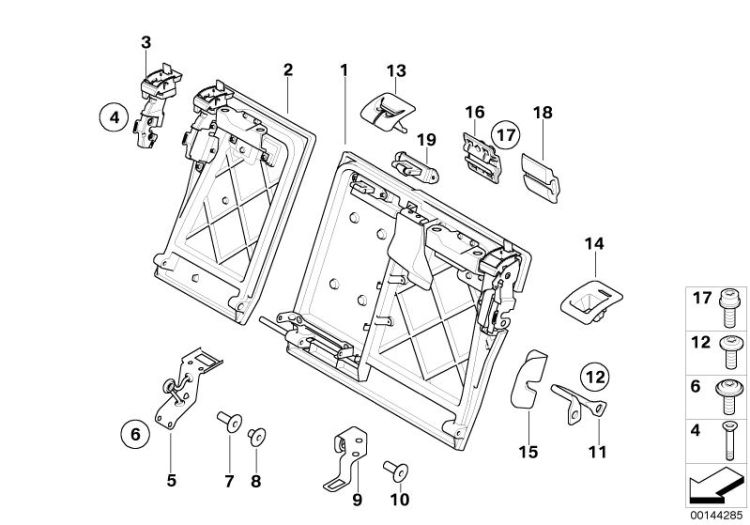 Seat, rear, seat frame, through-loading ->