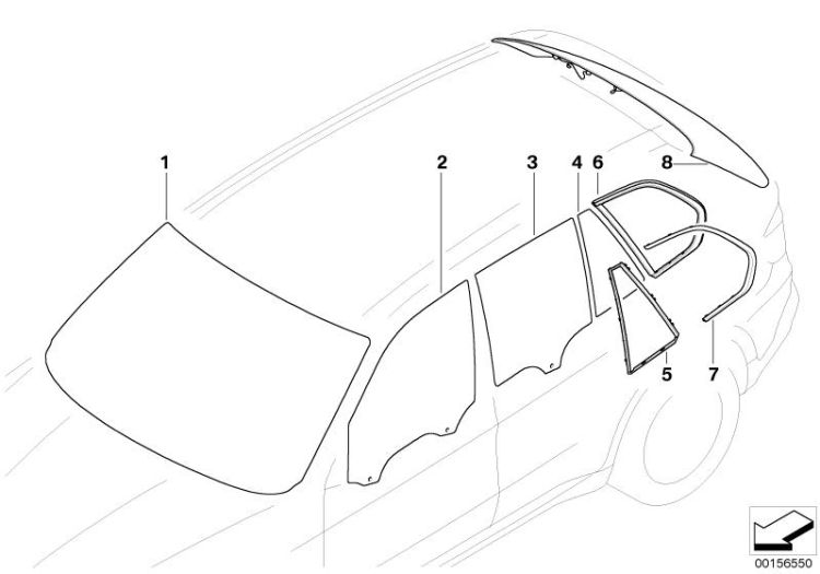 Green side window with left gasket, Number 06 in the illustration