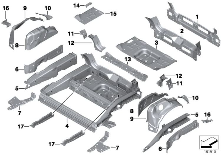 Floor panel trunk/wheel housing rear ->