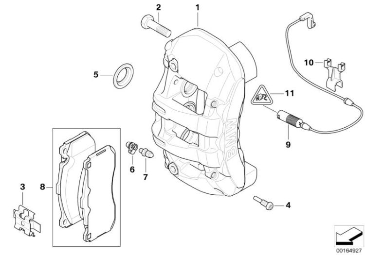 Front wheel brake, brake pad sensor ->