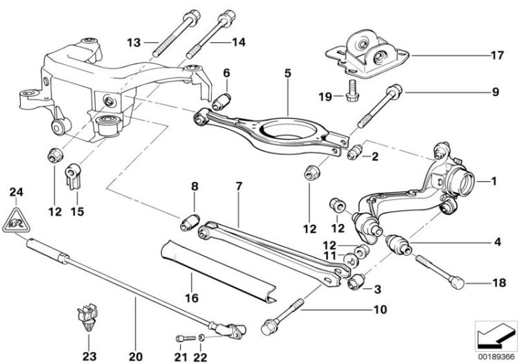 Rear axle support/wheel suspension ->