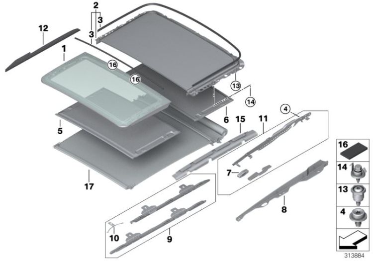 Panorama glass roof, mounting parts ->55249540462