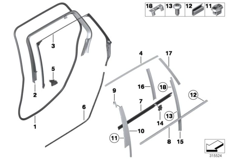 Trims and seals, door, rear ->52581518014