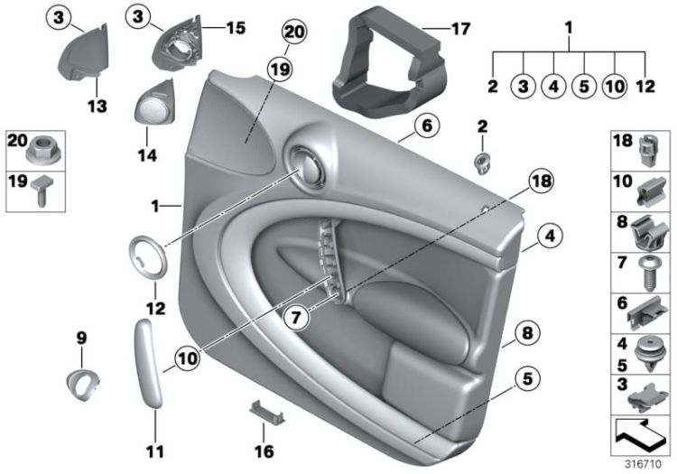 Door trim panel, front left, Number 01 in the illustration