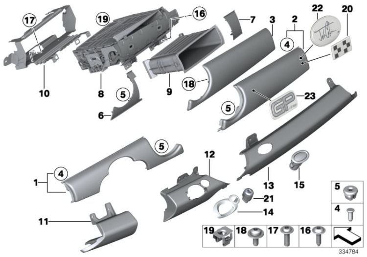 51459200117 Cover instr panel passenger´s side Vehicle trim Instrument carrier  mounting parts Mini Cabrio Cabrio  51452752888 Clubman  Clubman N Cabrio  Cabrio N >334784<, Mascherina panello instr. lato passegger